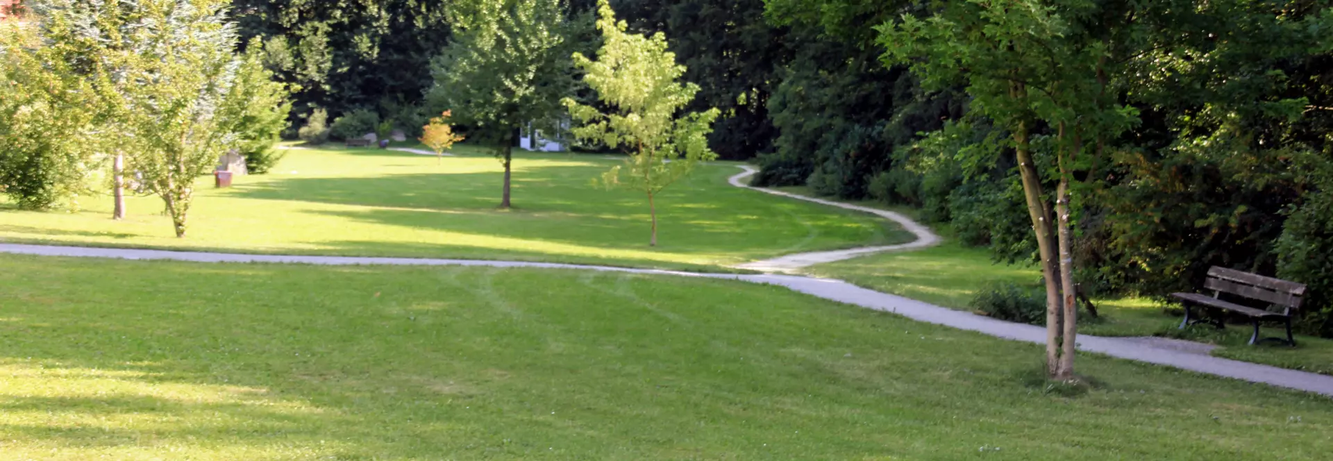 Weitläufige, grüne Parklandschaft mit Bäumen, Wiesen und einem geschwungenen Fußweg; rechts im Bild steht eine Holzbank unter einem Baum.